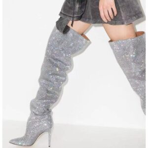 Starry Sky" Rhinestone-Embellished Ruched  High-Heeled Boots